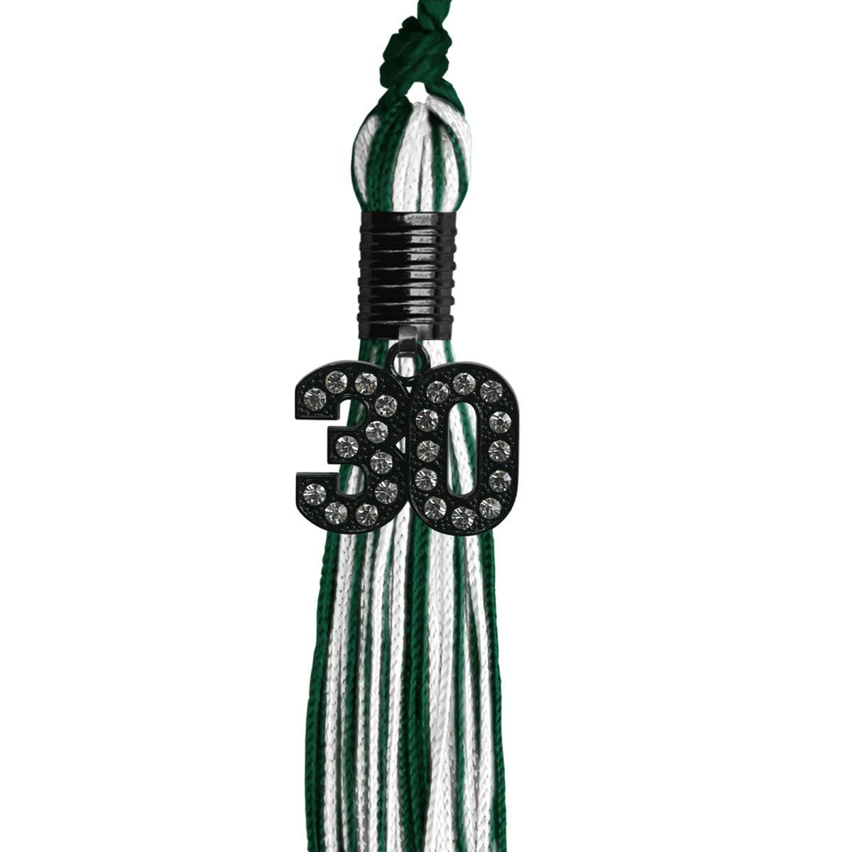 Hunter Green/White Mixed Color Graduation Tassel with Black Bling Charm by Wholesale Grad Supply