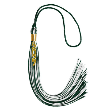 Hunter Green/White Mixed Color Graduation Tassel with Gold Stacked Date Drop by Wholesale Grad Supply