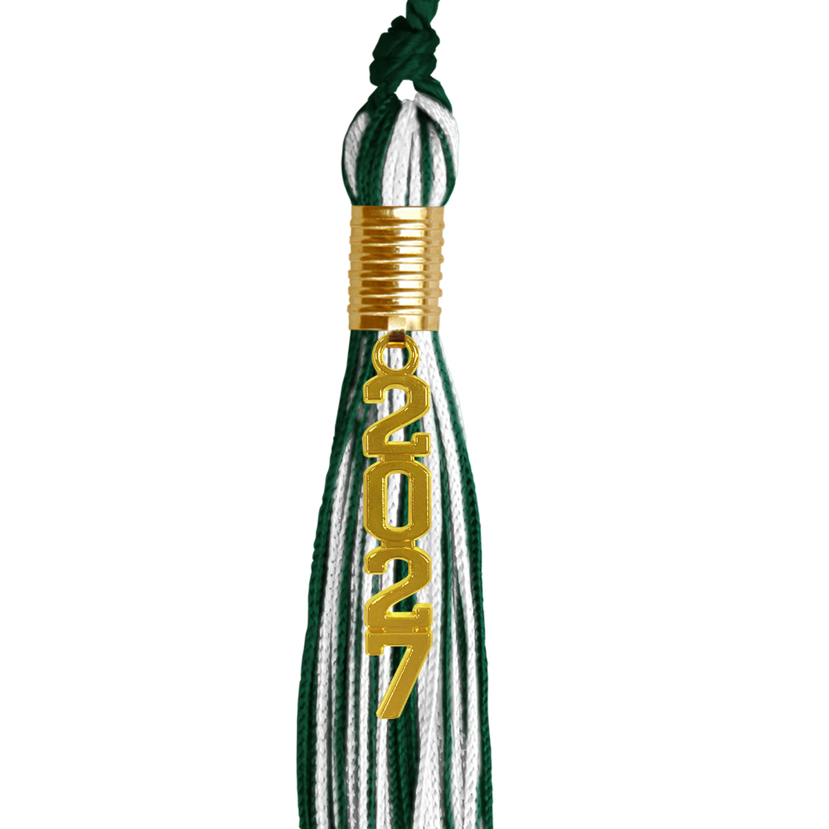 Hunter Green/White Mixed Color Graduation Tassel with Gold Stacked Date Drop by Wholesale Grad Supply