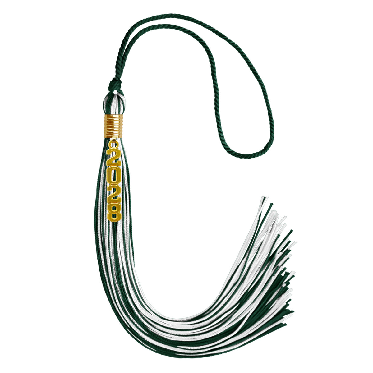 Hunter Green/White Mixed Color Graduation Tassel with Gold Stacked Date Drop by Wholesale Grad Supply