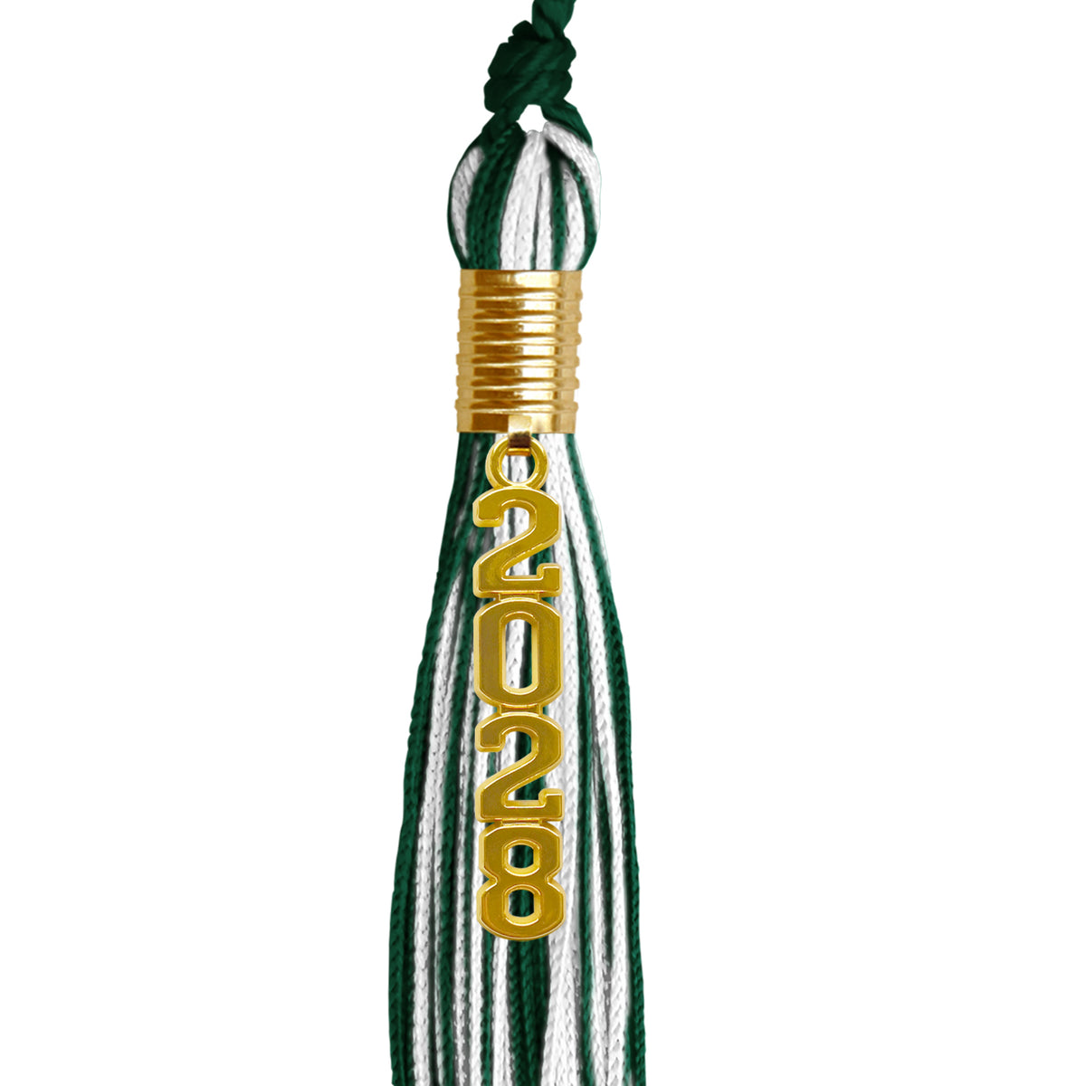 Hunter Green/White Mixed Color Graduation Tassel with Gold Stacked Date Drop by Wholesale Grad Supply