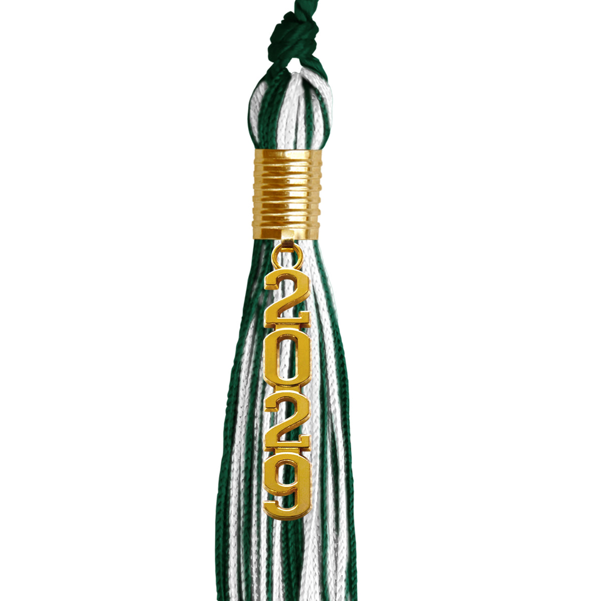 Hunter Green/White Mixed Color Graduation Tassel with Gold Stacked Date Drop by Wholesale Grad Supply