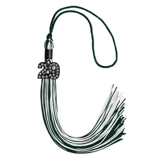 Hunter Green/White Mixed Color Graduation Tassel with Black Bling Charm by Wholesale Grad Supply