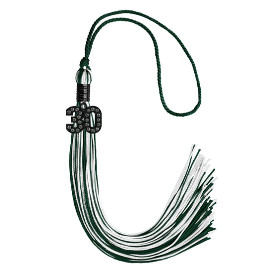 Hunter Green/White Mixed Color Graduation Tassel with Black Bling Charm by Wholesale Grad Supply