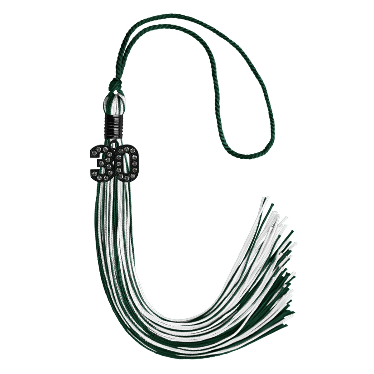 Hunter Green/White Mixed Color Graduation Tassel with Black Bling Charm by Wholesale Grad Supply