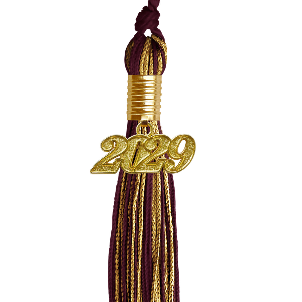 Maroon/Antique Gold Mixed Color Graduation Tassel with Gold Date Drop by Wholesale Grad Supply
