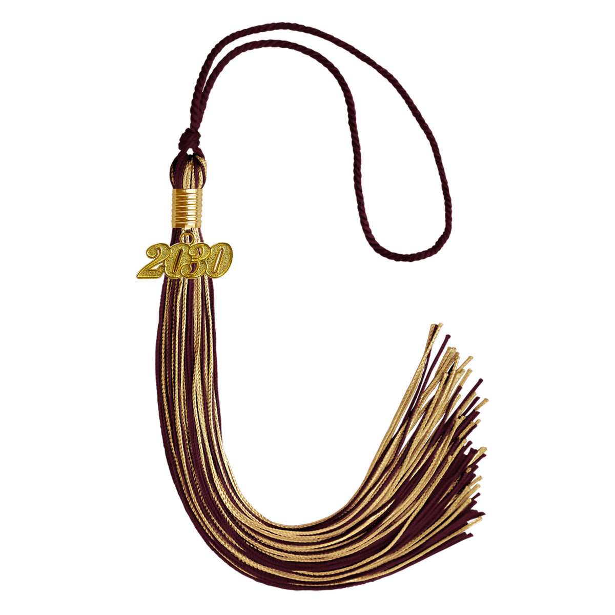 Maroon/Antique Gold Mixed Color Graduation Tassel with Gold Date Drop by Wholesale Grad Supply