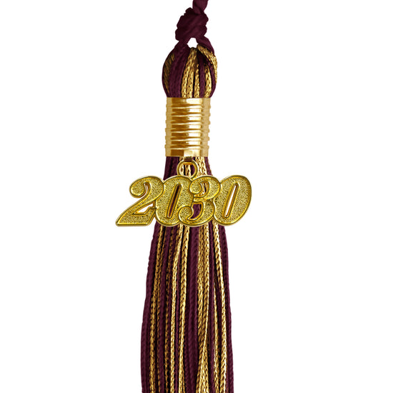 Maroon/Antique Gold Mixed Color Graduation Tassel with Gold Date Drop by Wholesale Grad Supply