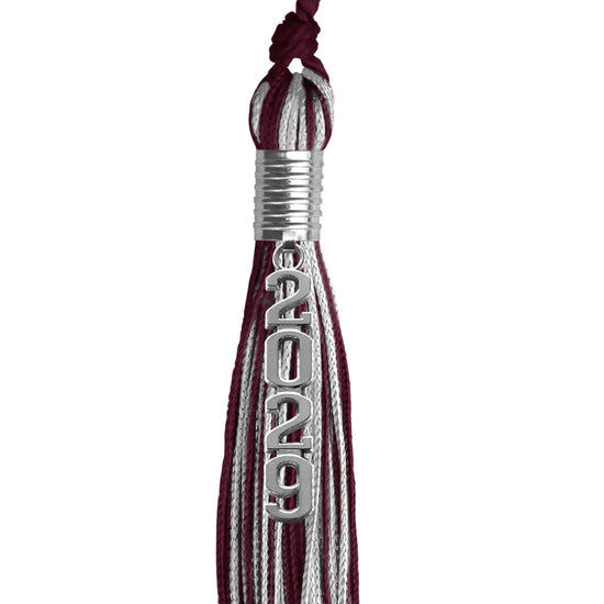 Maroon/Silver Mixed Color Graduation Tassel with Stacked Silver Date Drop by Wholesale Grad Supply