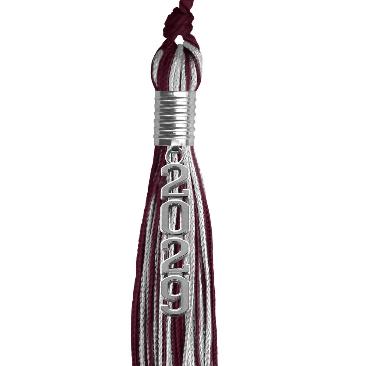 Maroon/Silver Mixed Color Graduation Tassel with Stacked Silver Date Drop by Wholesale Grad Supply