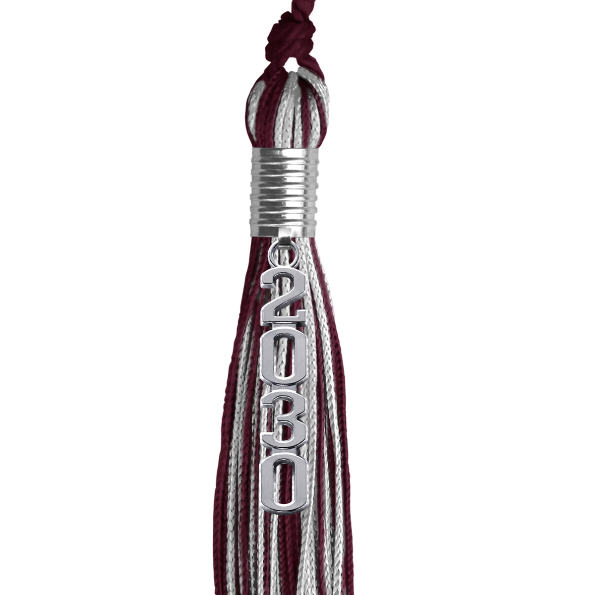Maroon/Silver Mixed Color Graduation Tassel with Stacked Silver Date Drop by Wholesale Grad Supply