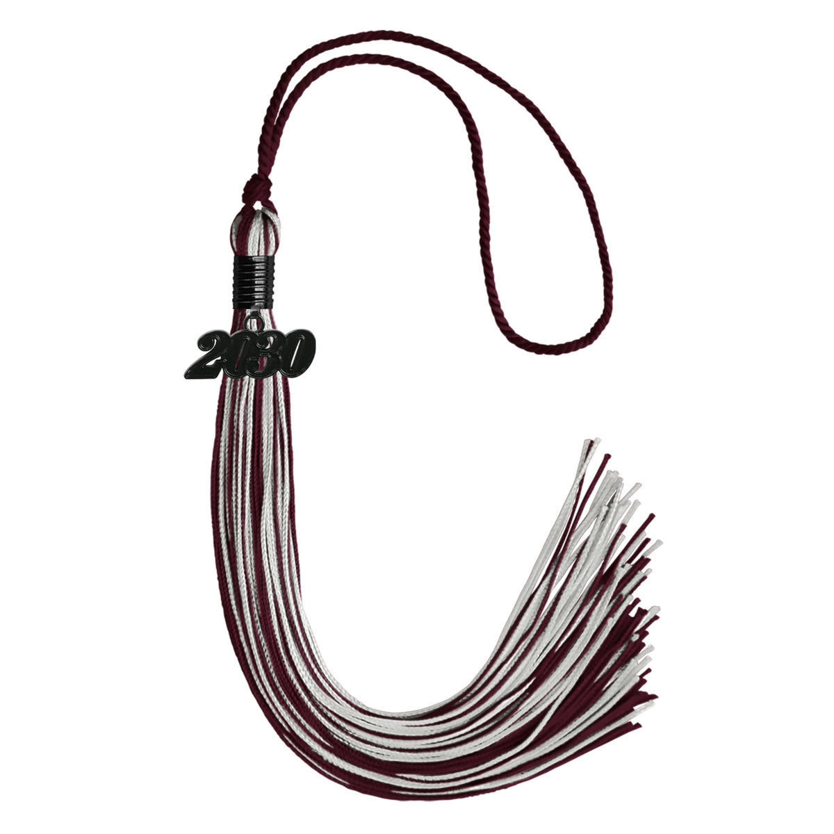 Maroon/Silver Mixed Color Graduation Tassel with Black Date Drop by Wholesale Grad Supply