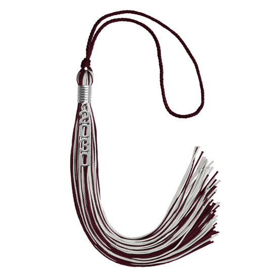 Maroon/Silver Mixed Color Graduation Tassel with Stacked Silver Date Drop by Wholesale Grad Supply