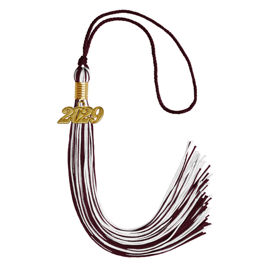 Maroon/White Mixed Color Graduation Tassel with Gold Date Drop by Wholesale Grad Supply
