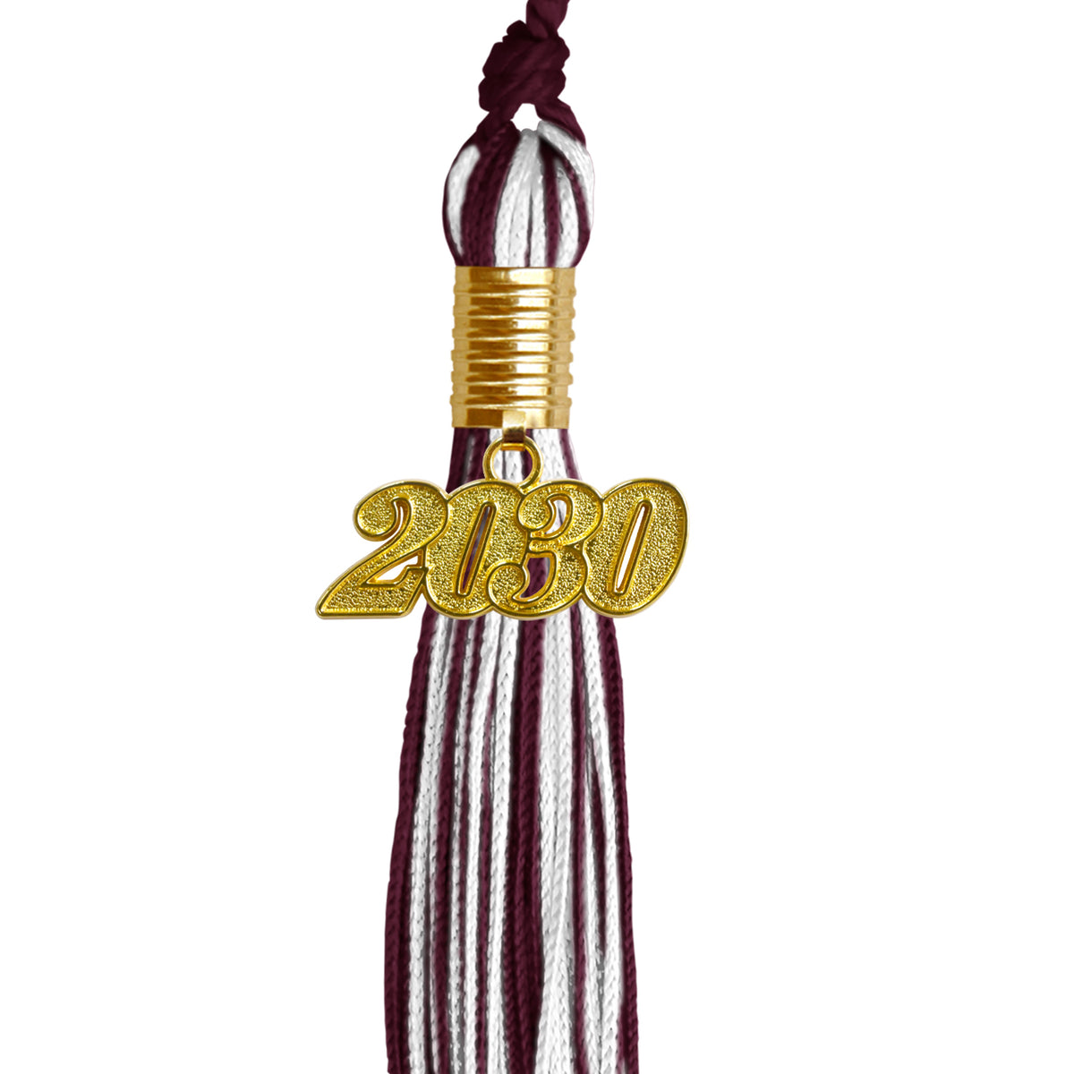 Maroon/White Mixed Color Graduation Tassel with Gold Date Drop by Wholesale Grad Supply