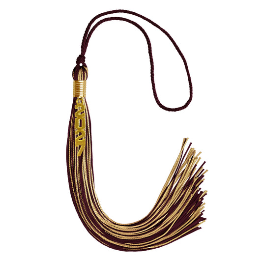 Maroon/Antique Gold Mixed Color Graduation Tassel with Gold Stacked Date Drop by Wholesale Grad Supply