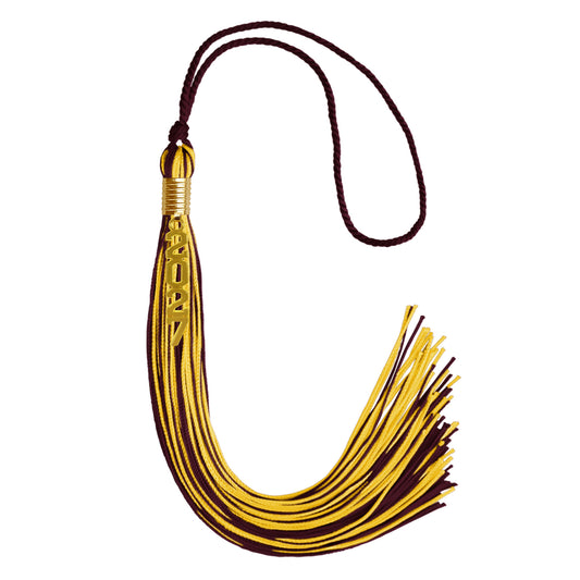 Maroon/Gold Mixed Color Graduation Tassel with Gold Stacked Date Drop by Wholesale Grad Supply
