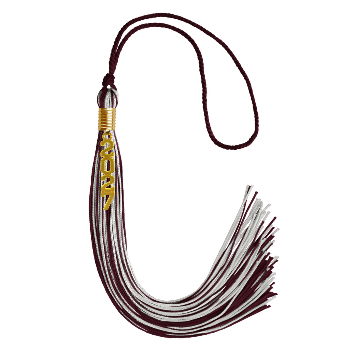 Maroon/Silver Mixed Color Graduation Tassel with Gold Stacked Date Drop by Wholesale Grad Supply