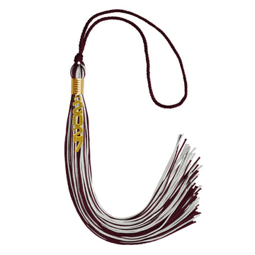 Maroon/Silver Mixed Color Graduation Tassel with Gold Stacked Date Drop by Wholesale Grad Supply