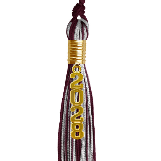 Maroon/Silver Mixed Color Graduation Tassel with Gold Stacked Date Drop by Wholesale Grad Supply