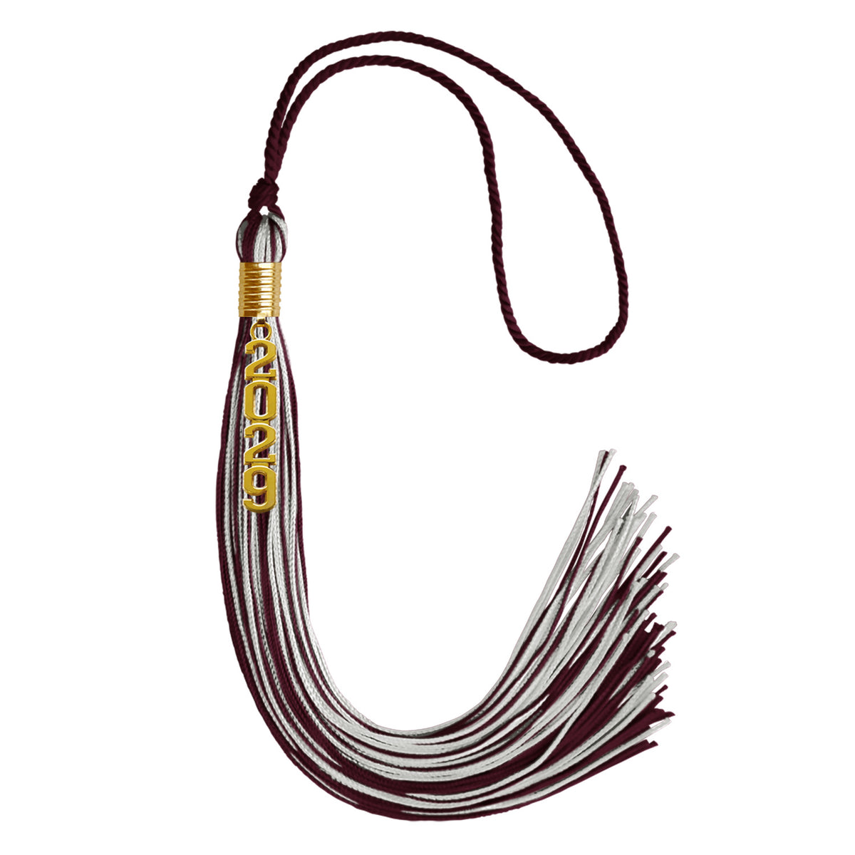 Maroon/Silver Mixed Color Graduation Tassel with Gold Stacked Date Drop by Wholesale Grad Supply
