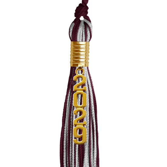 Maroon/Silver Mixed Color Graduation Tassel with Gold Stacked Date Drop by Wholesale Grad Supply