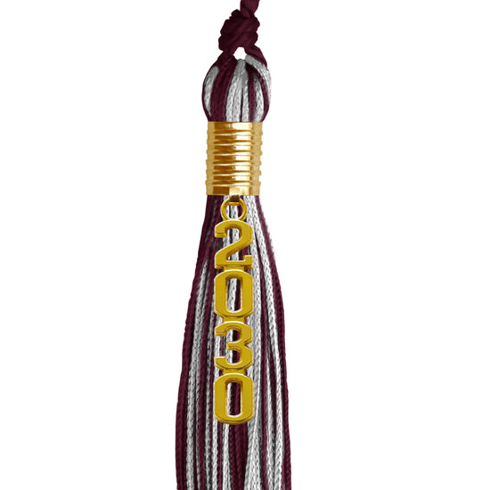 Maroon/Silver Mixed Color Graduation Tassel with Gold Stacked Date Drop by Wholesale Grad Supply