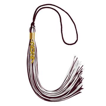 Maroon/White Mixed Color Graduation Tassel with Gold Stacked Date Drop by Wholesale Grad Supply