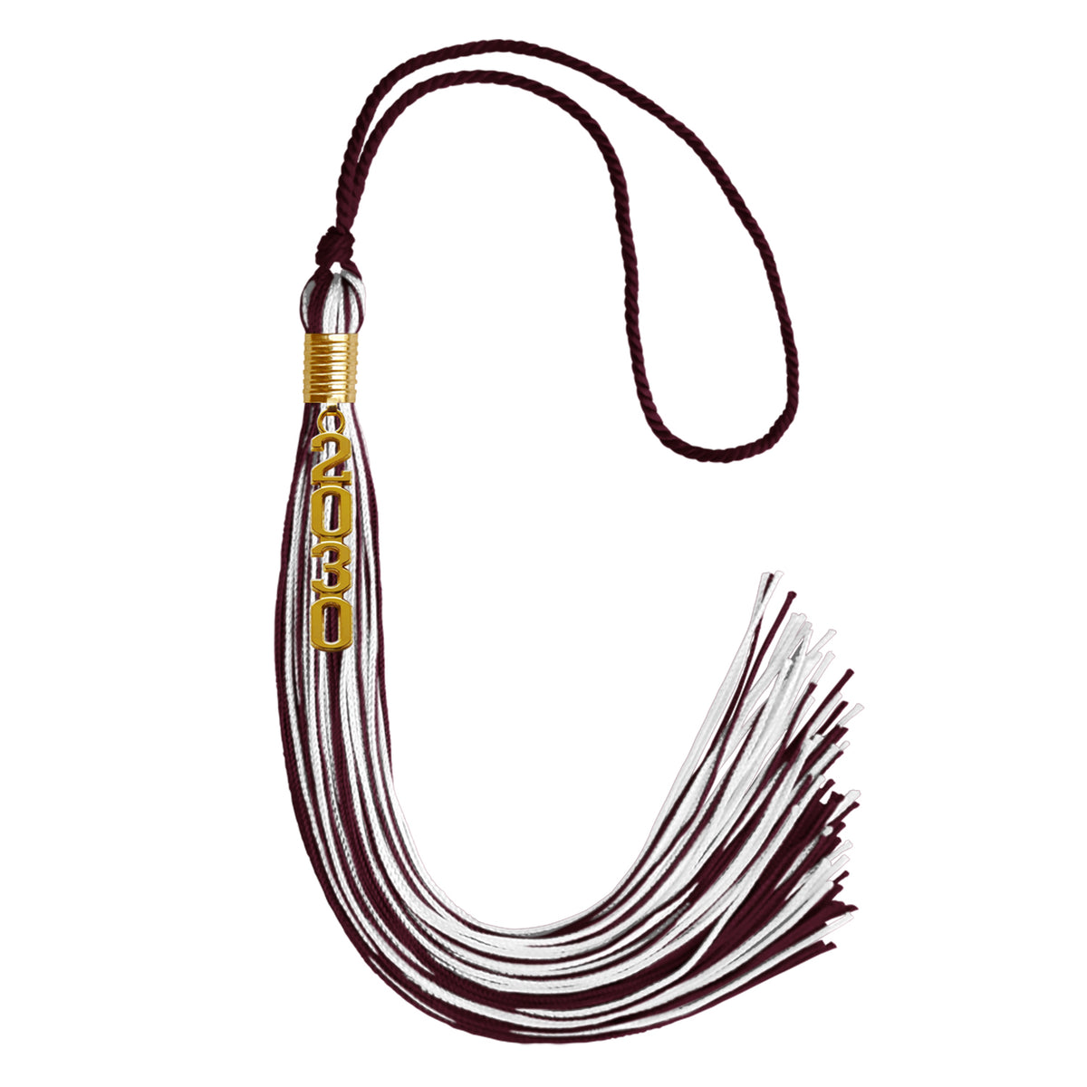 Maroon/White Mixed Color Graduation Tassel with Gold Stacked Date Drop by Wholesale Grad Supply