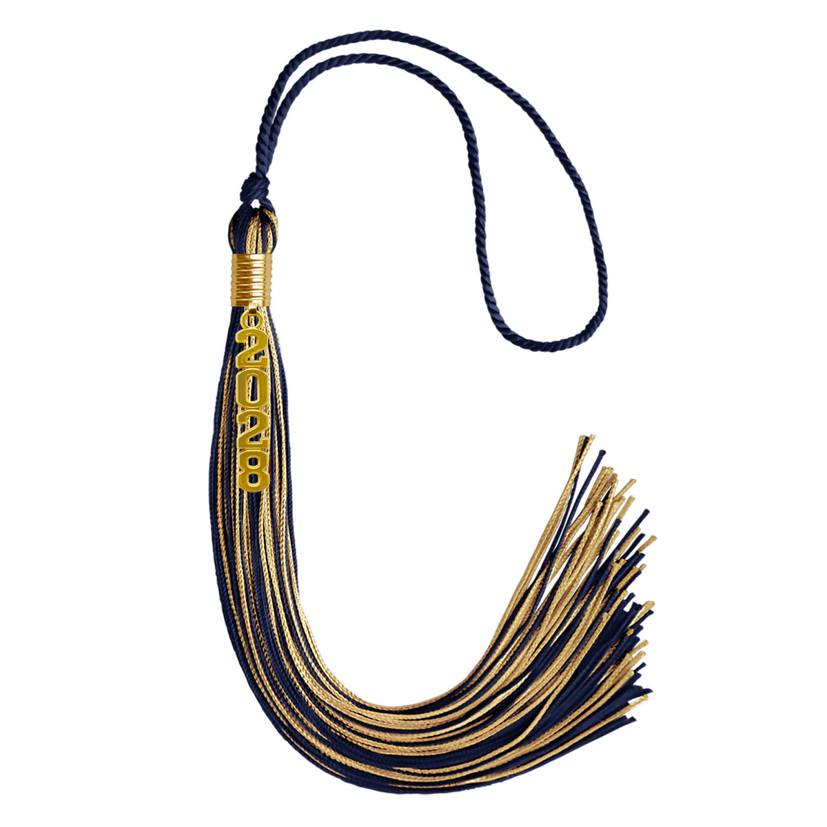 Navy Blue/Antique Gold Mixed Color Graduation Tassel with Gold Stacked Date Drop by Wholesale Grad Supply