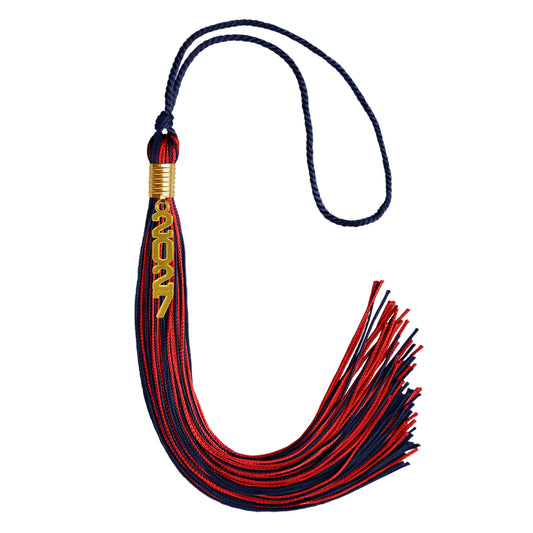 Navy Blue/Red Mixed Color Graduation Tassel with Gold Stacked Date Drop by Wholesale Grad Supply