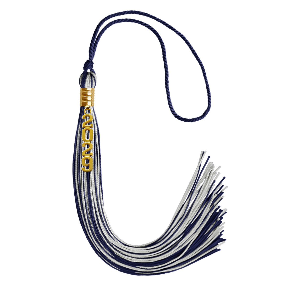 Navy Blue/Silver Mixed Color Graduation Tassel with Gold Stacked Date Drop by Wholesale Grad Supply