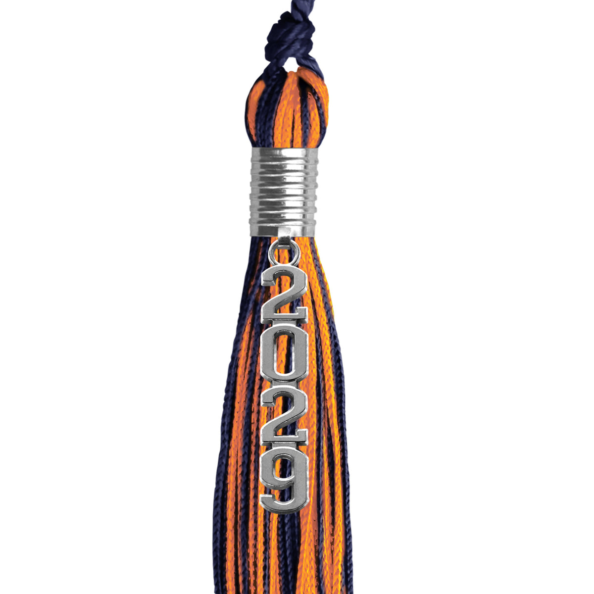 Navy Blue/Orange Mixed Color Graduation Tassel with Stacked Silver Date Drop by Wholesale Grad Supply