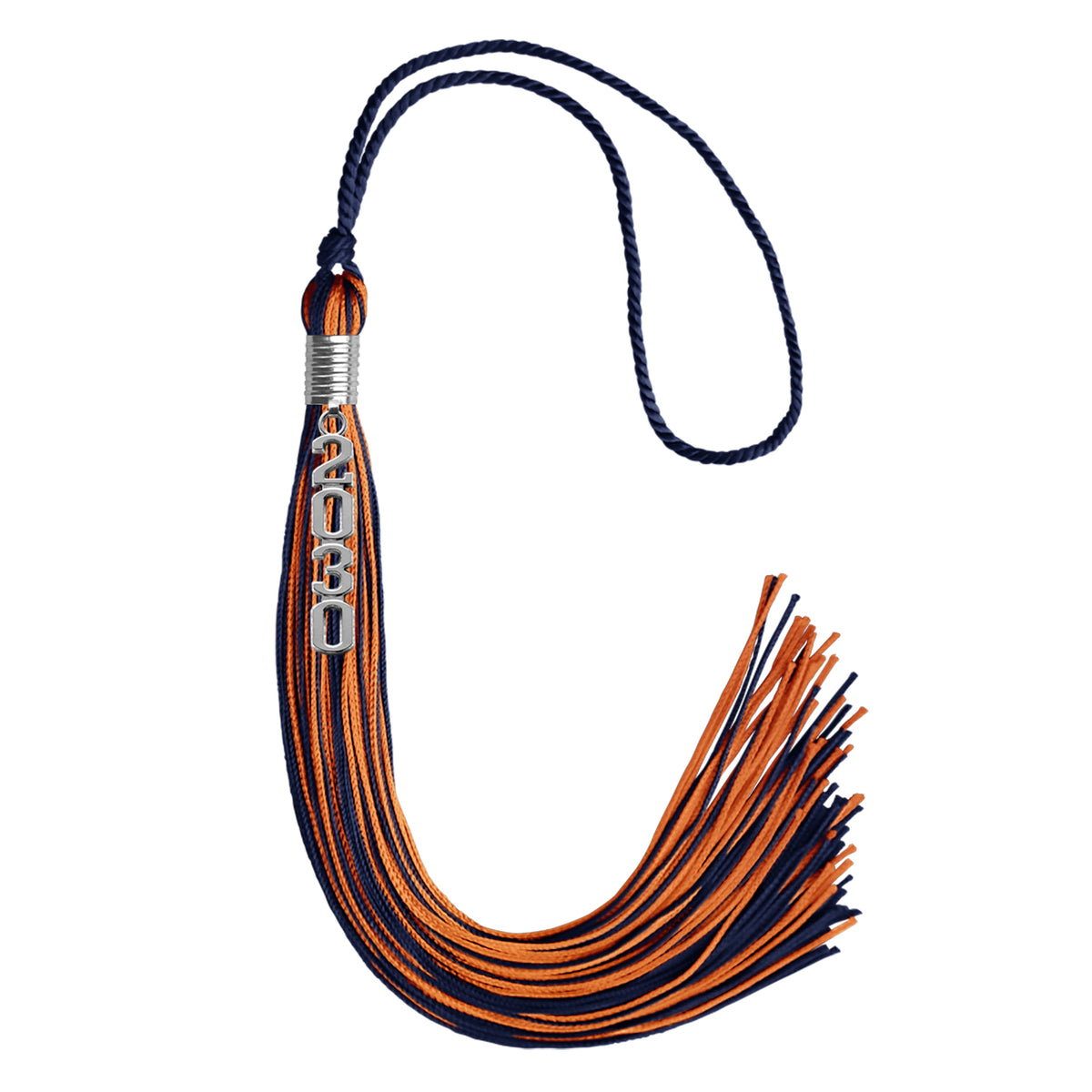Navy Blue/Orange Mixed Color Graduation Tassel with Stacked Silver Date Drop by Wholesale Grad Supply
