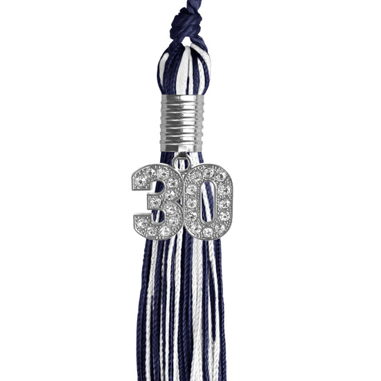 Navy Blue/White Mixed Color Graduation Tassel with Silver Bling Charm by Wholesale Grad Supply