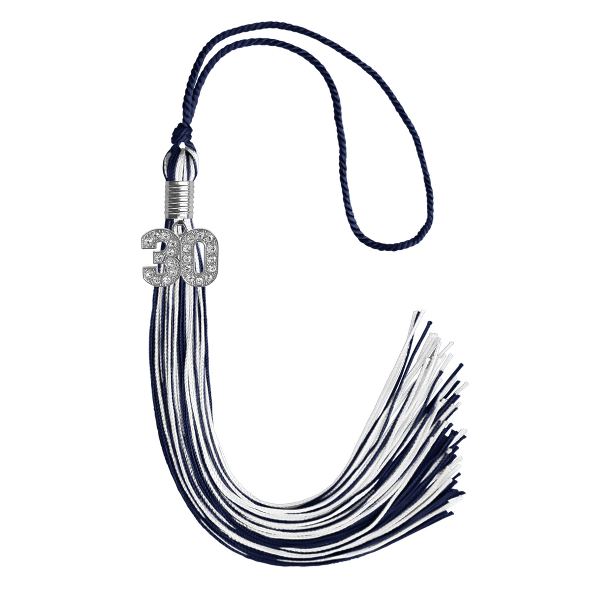 Navy Blue/White Mixed Color Graduation Tassel with Silver Bling Charm by Wholesale Grad Supply