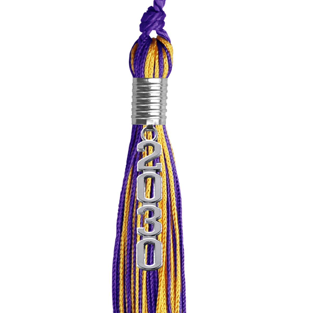 Purple/Gold Mixed Color Graduation Tassel with Stacked Silver Date Drop by Wholesale Grad Supply