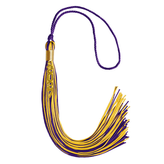 Purple/Gold Mixed Color Graduation Tassel with Gold Stacked Date Drop by Wholesale Grad Supply