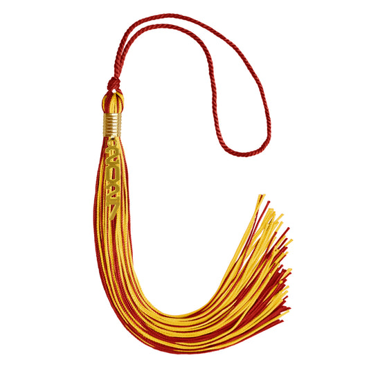 Red/Gold Mixed Color Graduation Tassel with Gold Stacked Date Drop by Wholesale Grad Supply