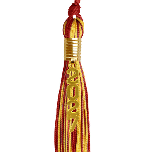 Red/Gold Mixed Color Graduation Tassel with Gold Stacked Date Drop by Wholesale Grad Supply
