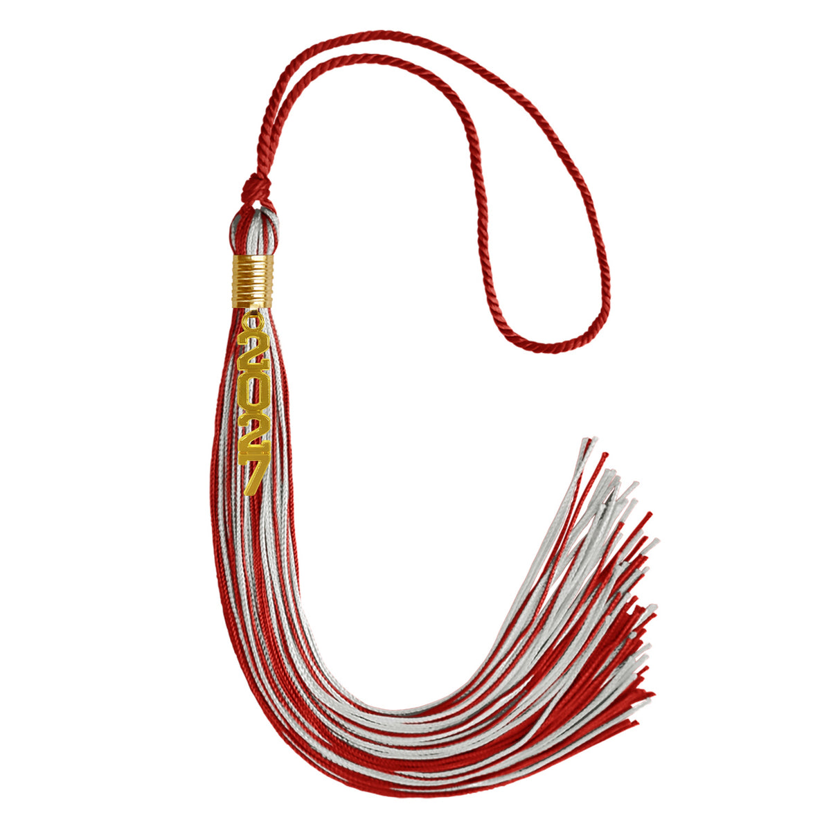 Red/Silver Mixed Color Graduation Tassel with Gold Stacked Date Drop by Wholesale Grad Supply