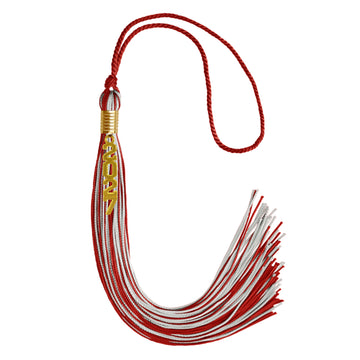 Red/Silver Mixed Color Graduation Tassel with Gold Stacked Date Drop by Wholesale Grad Supply