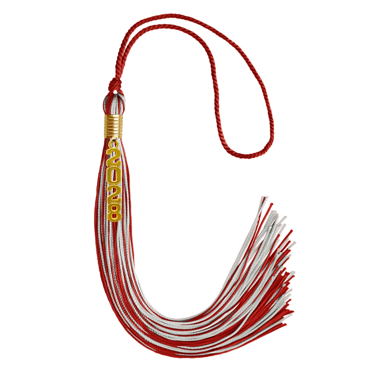 Red/Silver Mixed Color Graduation Tassel with Gold Stacked Date Drop by Wholesale Grad Supply