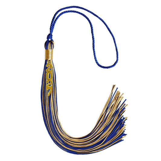 Royal Blue/Antique Gold Mixed Color Graduation Tassel with Gold Stacked Date Drop by Wholesale Grad Supply
