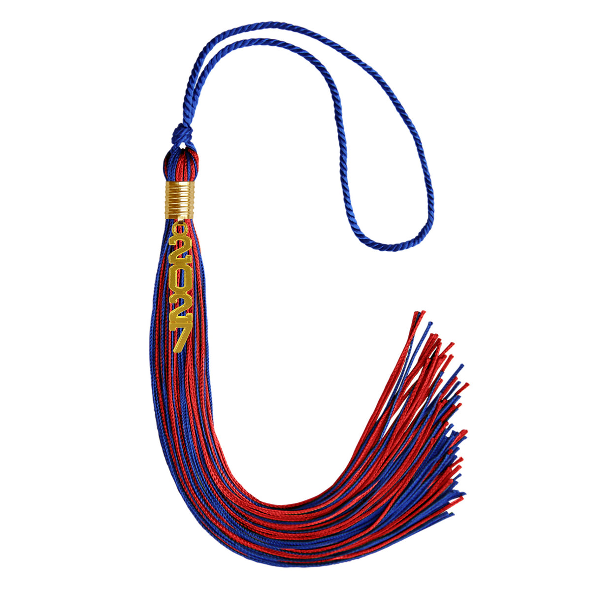 Royal Blue/Red Mixed Color Graduation Tassel with Gold Stacked Date Drop by Wholesale Grad Supply