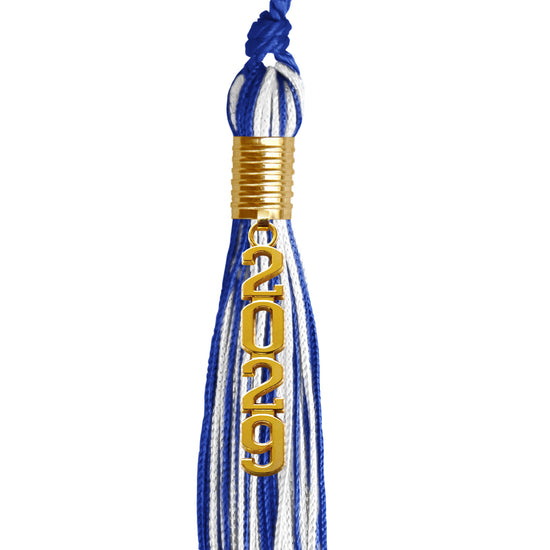 Royal Blue/White Mixed Color Graduation Tassel with Gold Stacked Date Drop by Wholesale Grad Supply