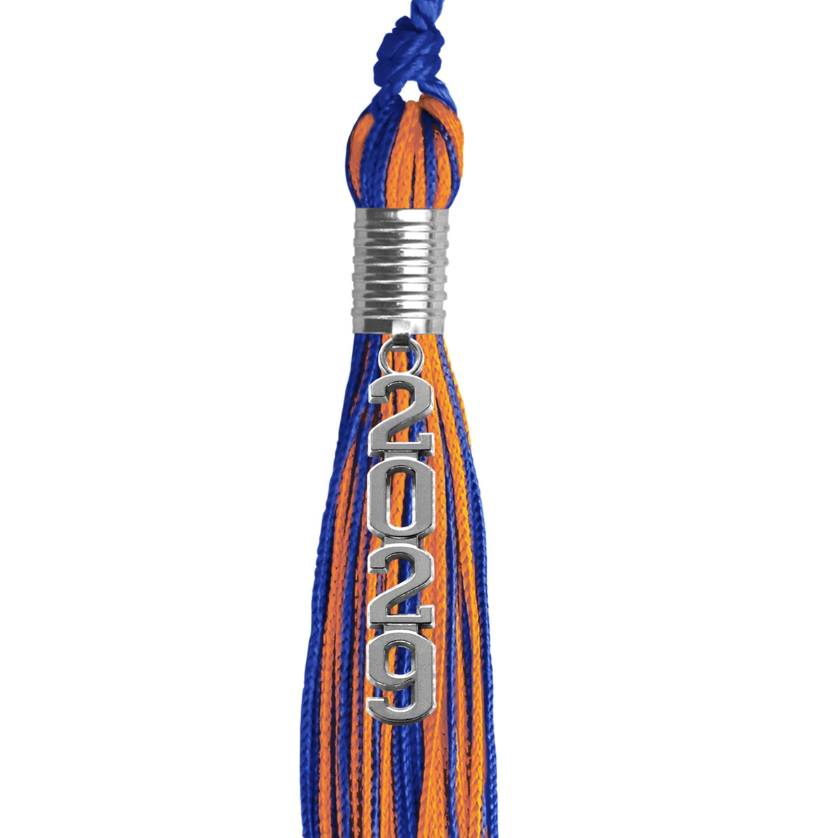 Royal Blue/Orange Mixed Color Graduation Tassel with Stacked Silver Date Drop by Wholesale Grad Supply