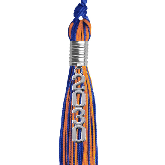 Royal Blue/Orange Mixed Color Graduation Tassel with Stacked Silver Date Drop by Wholesale Grad Supply