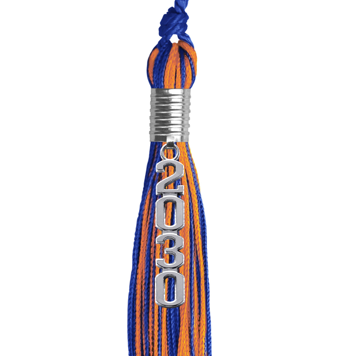 Royal Blue/Orange Mixed Color Graduation Tassel with Stacked Silver Date Drop by Wholesale Grad Supply