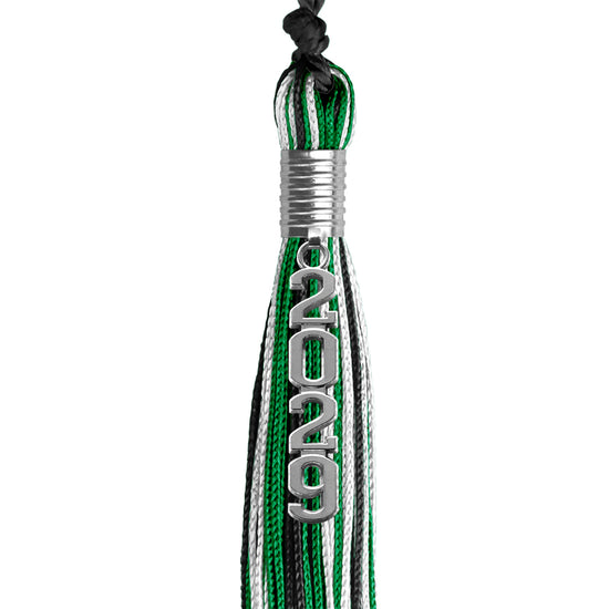 Black/Green/White Mixed Color Graduation Tassel with Silver Stacked Date Drop by Wholesale Grad Supply